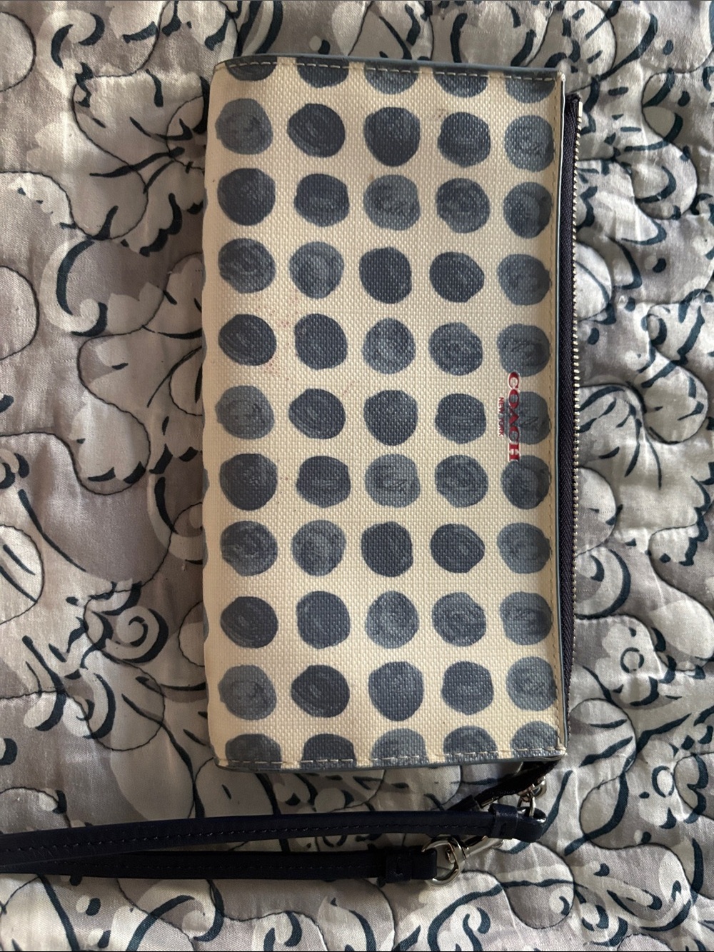 Coach Polka Dot Zip Wristlet - Navy and Cream - Picture 1 of 5